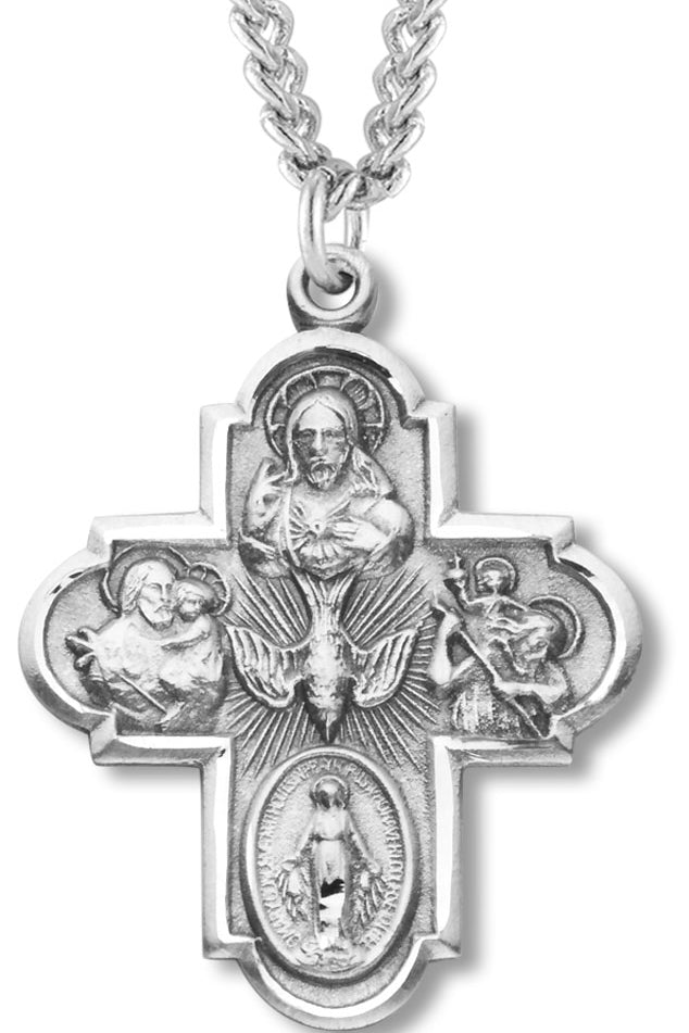 Men's Sterling Silver Rounded Edge 4 Way Necklace Dove Center with Chain Options - 24&quot; Sterling Silver Chain + Clasp