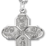 Men's Sterling Silver Traditional 4 Way Necklace with Flower Center with Chain Options - 24&quot; Sterling Silver Chain + Clasp