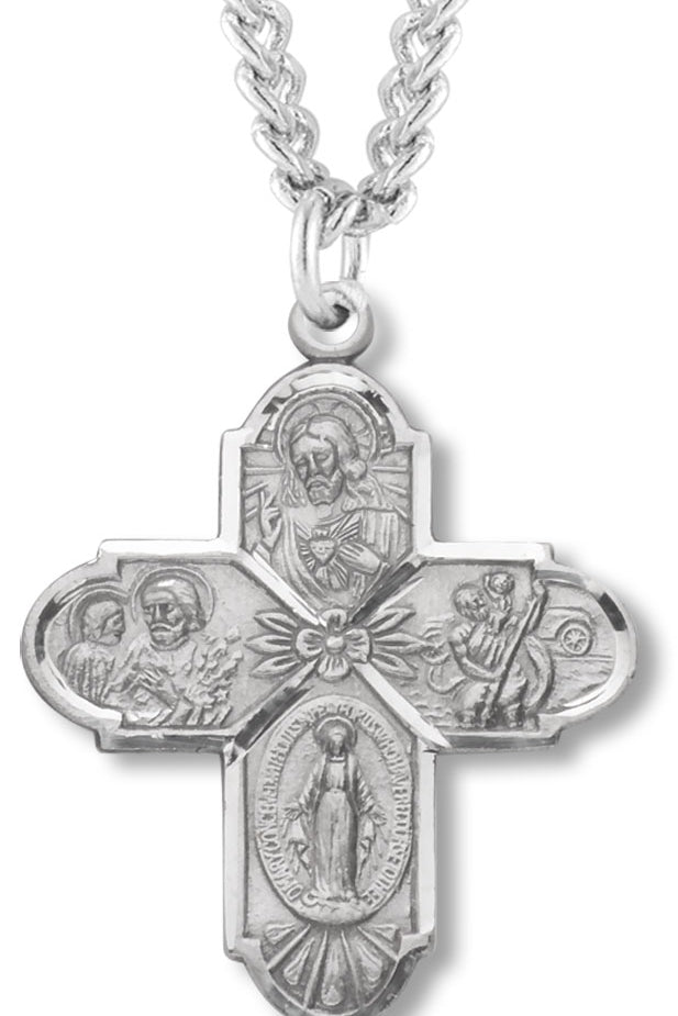 Men's Sterling Silver Traditional 4 Way Necklace with Flower Center with Chain Options - 24&quot; Sterling Silver Chain + Clasp