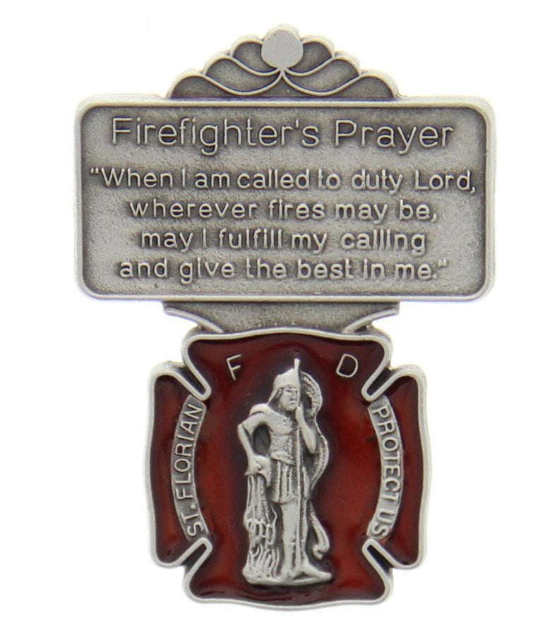 St. Florian Firefighter Prayer Visor Clip with Red Enamel - Silver-tone