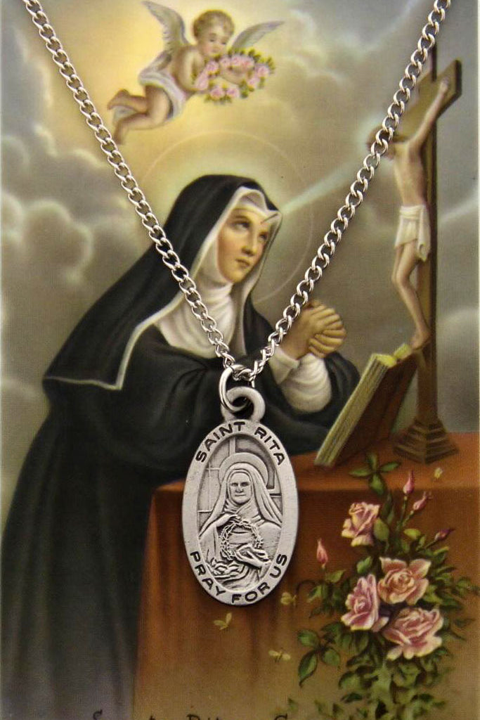 St. Rita of Cascia Medal and Prayer Card Set - Silver-tone