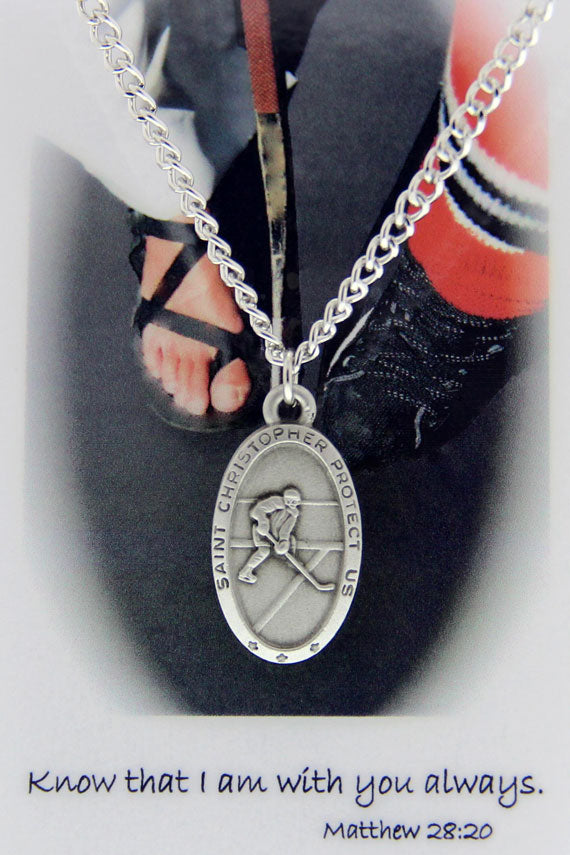 Boys St. Christopher Ice Hockey Medal and Prayer Card Set - Silver-tone