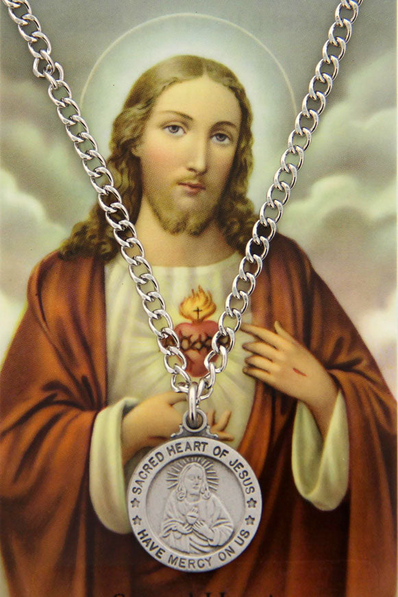 Round Sacred Heart Medal and Prayer Card Set - Silver-tone