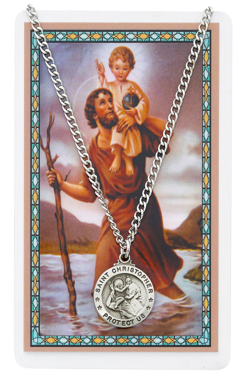 Round St. Christopher Medal and Prayer Card Set - Silver-tone