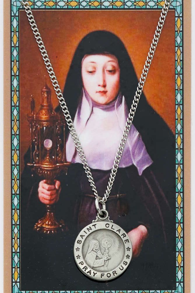 Round St. Clare Medal and Prayer Card Set - Silver-tone