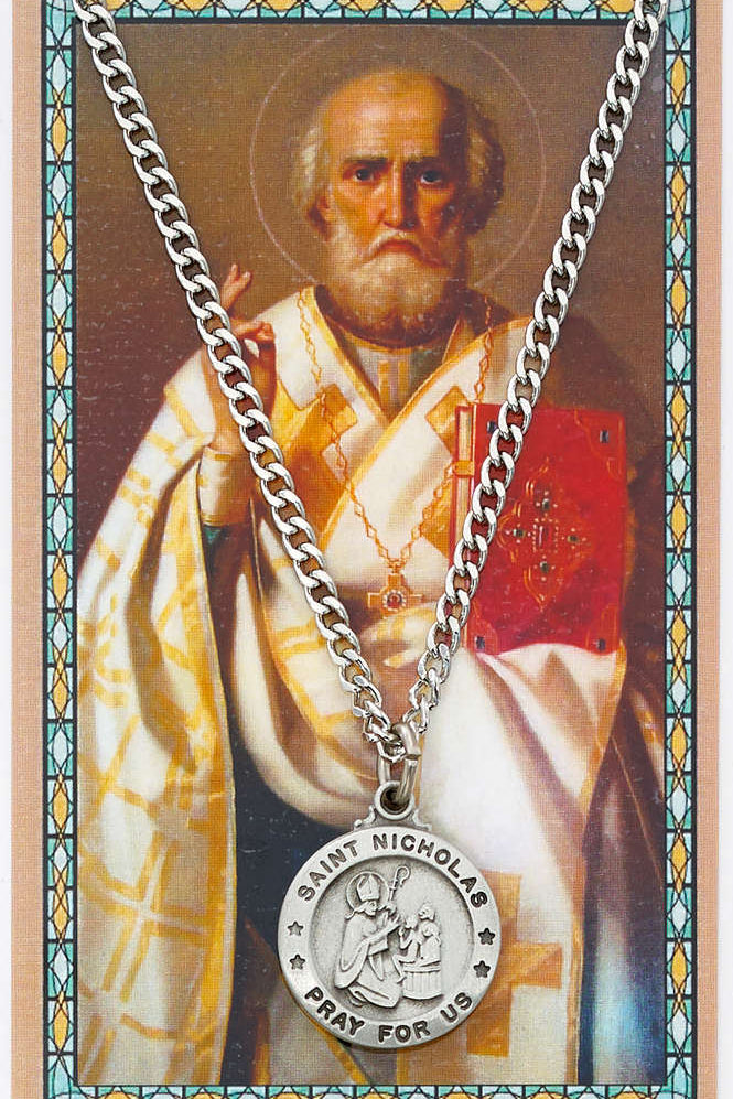 Round St. Nicholas Medal and Prayer Card Set - Silver-tone