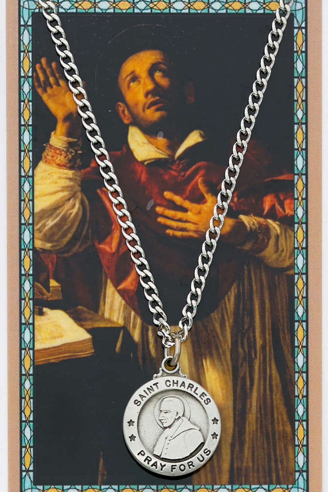 Round St. Charles Borromeo Medal and Prayer Card Set - Silver-tone