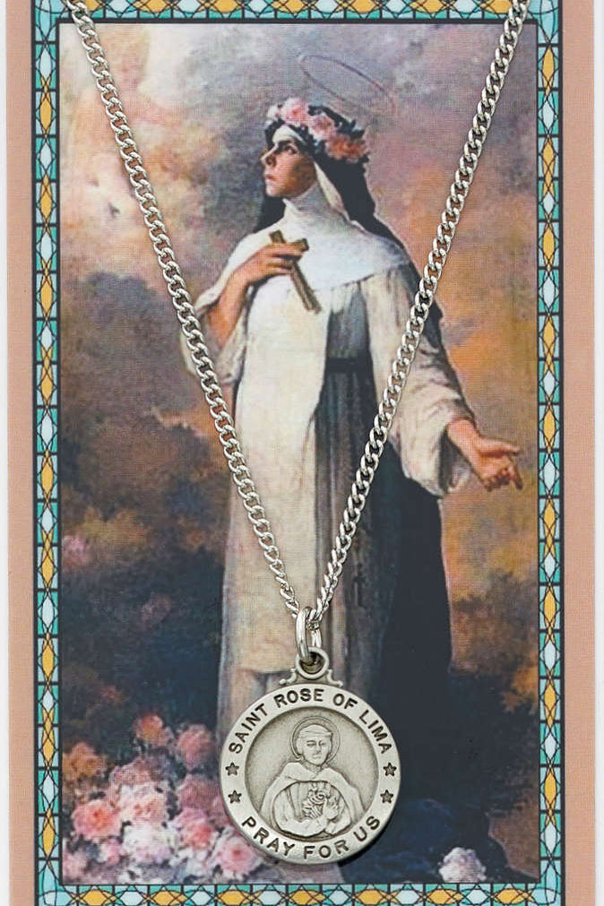 Round St. Rose of Lima Medal and Prayer Card Set - Silver-tone