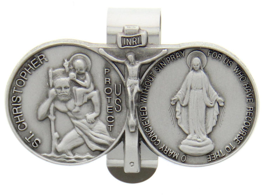 St. Christopher and Miraculous Visor Clip with Center Crucifix - Silver-tone