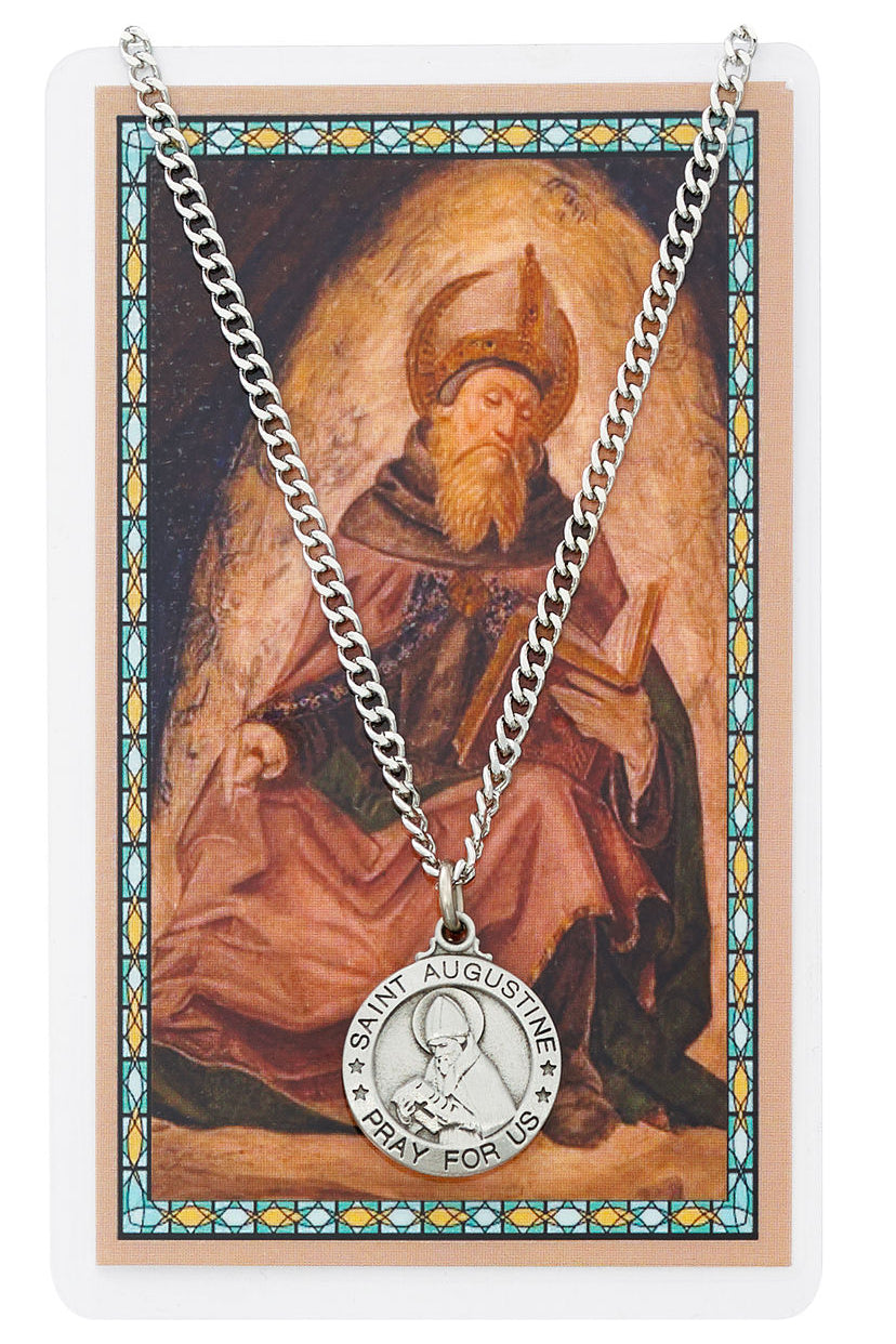 Round St. Augustine  Medal and Prayer Card Set - Silver-tone
