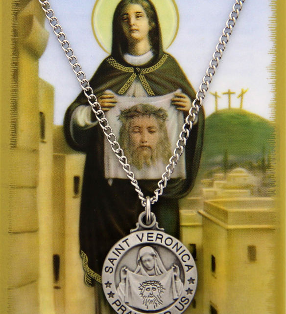 Round St. Veronica  Medal and Prayer Card Set - Silver-tone