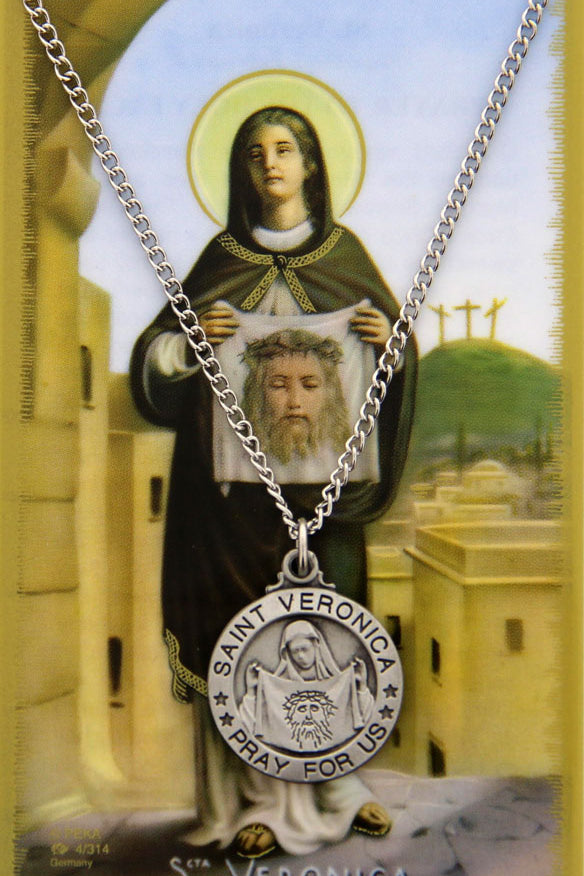 Round St. Veronica  Medal and Prayer Card Set - Silver-tone