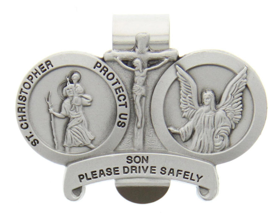 St. Christopher and Guardian Angel Protect My Son Visor Clip - Silver-tone