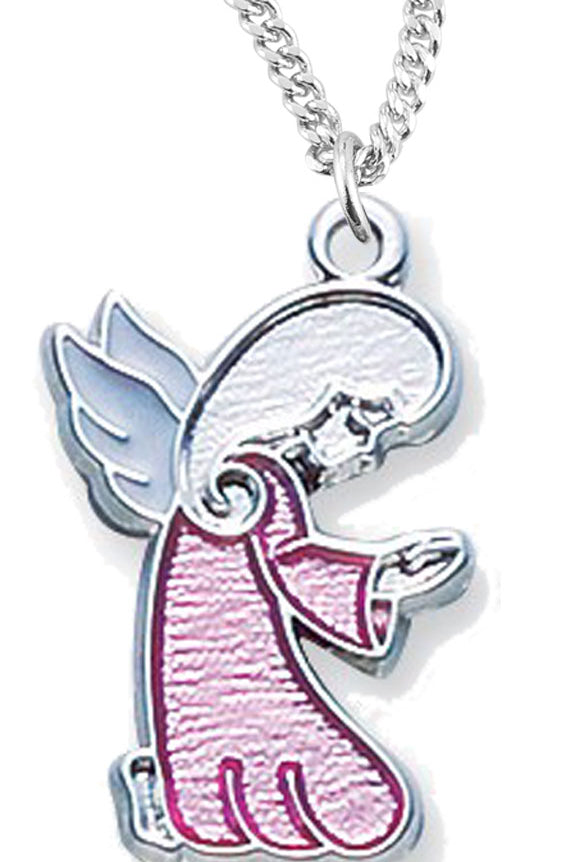 Girls's Sterling Silver Pink Angel Charm Necklace with Chain Options - 18&quot; 1.8mm Sterling Silver Chain + Clasp