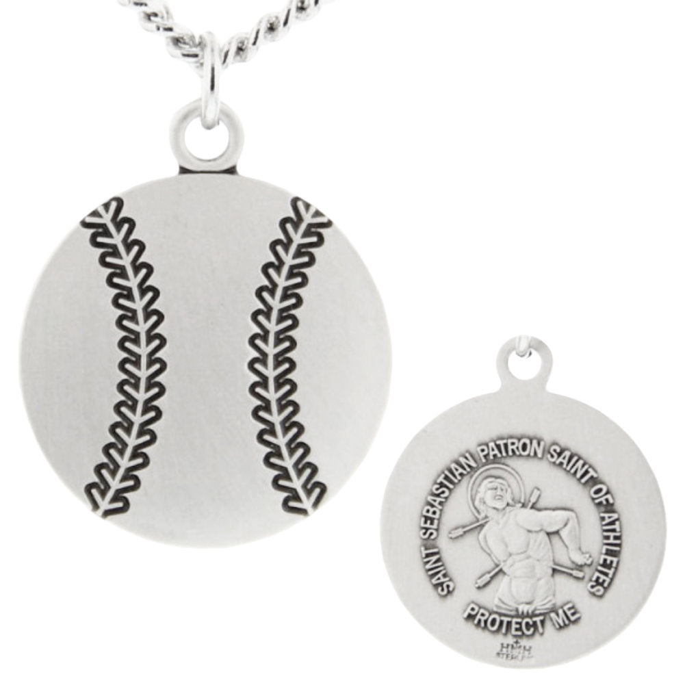 Baseball Shaped Necklace with Saint Sebastian Back in Sterling Silver