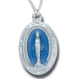 Women's Blue Sterling Silver Oval Miraculous Necklace with Chain Options - 18&quot; 1.8mm Sterling Silver Chain + Clasp