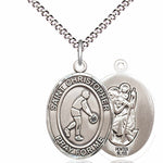 Boy's Pewter Oval St. Christopher Basketball Medal - 18&quot; Rhodium Plated Medium Chain + Clasp