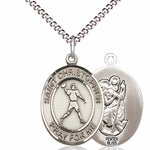 Boy's Pewter Oval St. Christopher Football Medal - 18&quot; Rhodium Plated Medium Chain + Clasp