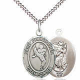 Boy's Pewter Oval St. Christopher Martial Arts Medal - 18&quot; Rhodium Plated Medium Chain + Clasp