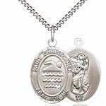 Boy's Pewter Oval St. Christopher Swimming Medal - 18&quot; Rhodium Plated Medium Chain + Clasp