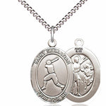 Boy's Pewter Oval St. Sebastian Baseball Medal - 18&quot; Rhodium Plated Medium Chain + Clasp