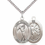 Boy's Pewter Oval St. Sebastian Golf Medal - 18&quot; Rhodium Plated Medium Chain + Clasp