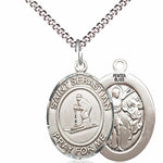 Boy's Pewter Oval St. Sebastian Skiing Medal - 18&quot; Rhodium Plated Medium Chain + Clasp