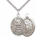 Boy's Pewter Oval St. Sebastian Swimming Medal - 18&quot; Rhodium Plated Medium Chain + Clasp