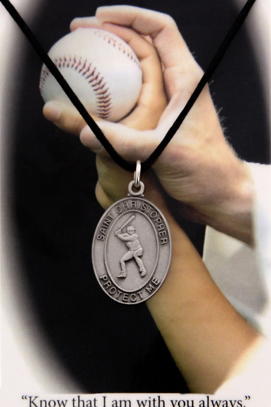 Boy's St. Christopher Baseball Medal with Leather Chain and Prayer Card Set - Single