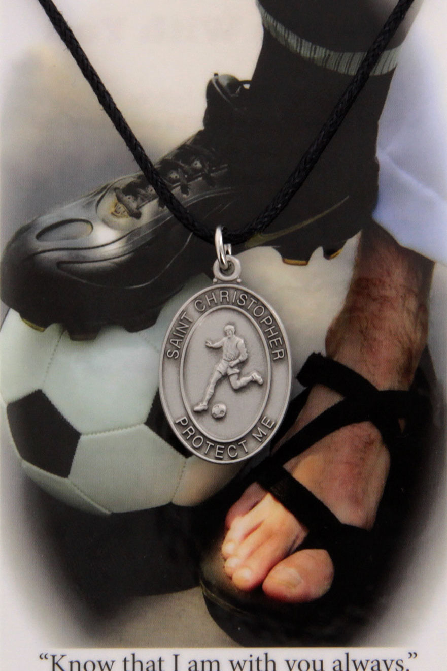 Boy's St. Christopher Soccer Medal with Leather Chain and Prayer Card Set