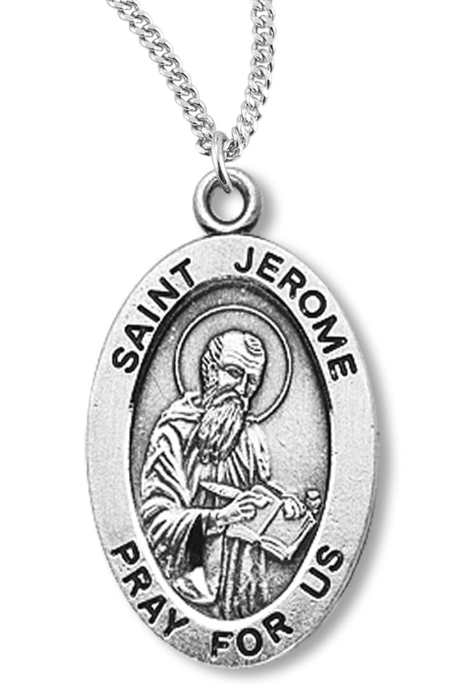 Boy's St. Jerome Necklace Oval Sterling Silver with Chain - 20&quot; 2.2mm Stainless Steel Chain with Clasp