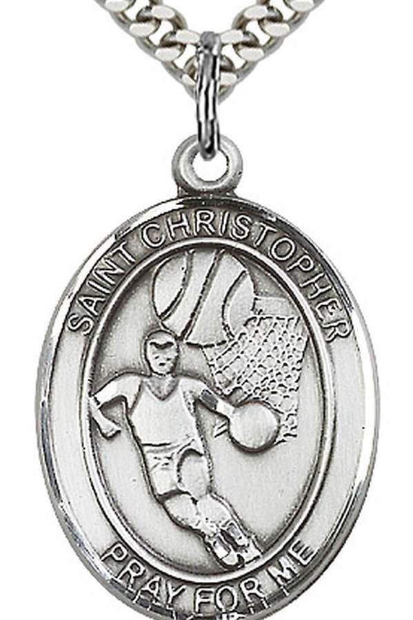 Boy's Sterling Silver Saint Christopher Basketball Oval Medal - 18&quot; 2.1mm Rhodium Plate Chain + Clasp