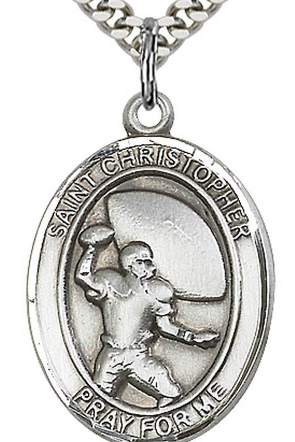 Boy's Sterling Silver Saint Christopher Football Medal - 18&quot; 2.1mm Rhodium Plate Chain + Clasp