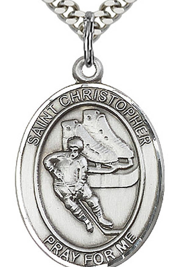 Boy's Sterling Silver Saint Christopher Hockey Medal - 18&quot; 2.1mm Rhodium Plate Chain + Clasp