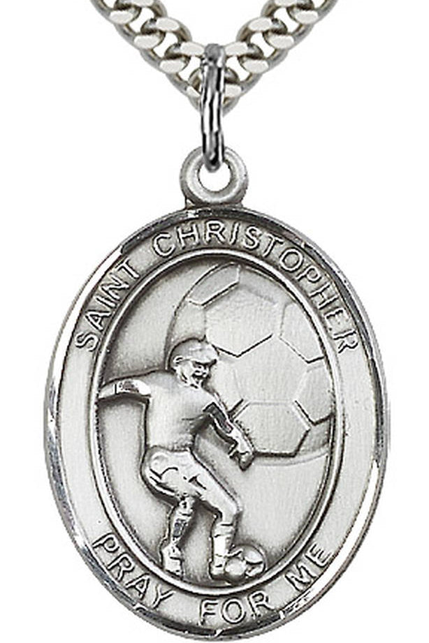 Boy's Sterling Silver Saint Christopher Soccer Medal - 18&quot; 2.1mm Rhodium Plate Chain + Clasp