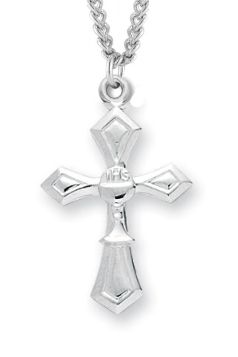 Communion Cross Necklace, Sterling Silver with Chain - 18&quot; 1.8mm Sterling Silver Chain + Clasp