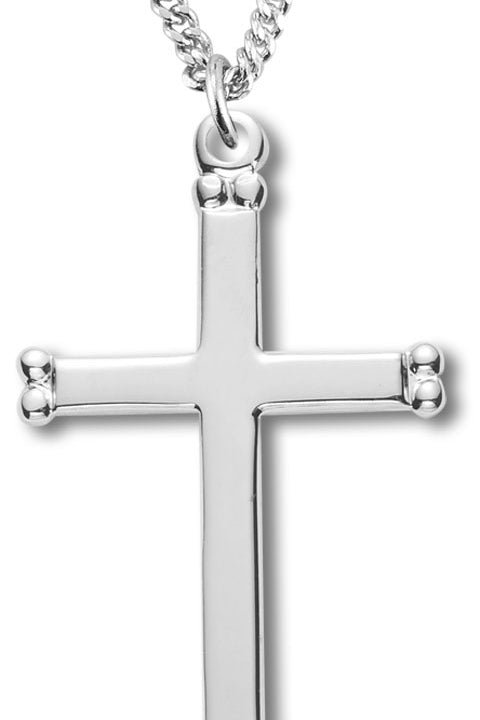 Women's Sterling Silver Double Beaded End Cross Necklace High Polish Finish with Chain Options - 18&quot; 1.8mm Sterling Silver Chain + Clasp