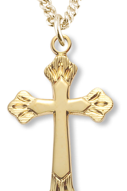 Women's 14kt Gold Over Sterling Silver Budded Etched Tip Cross Necklace + 18 Inch Gold Plated Chain &amp; Clasp - Gold-tone