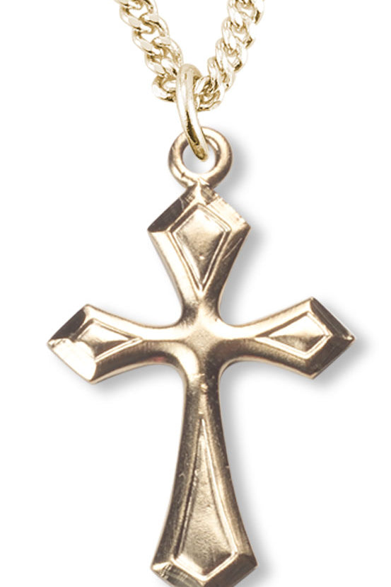 Women's 14kt Gold Plated Beveled Edge Diamond Pattern Cross Necklace + 18 Inch Gold Plated Chain &amp; Clasp - Gold-tone