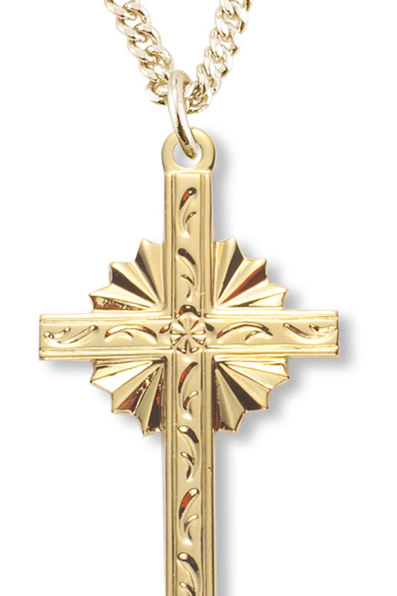 Women's 14kt Gold Over Sterling Silver Starburst Etching Cross Necklace + 18&quot; Gold Plated Chain &amp; Clasp - Gold-tone