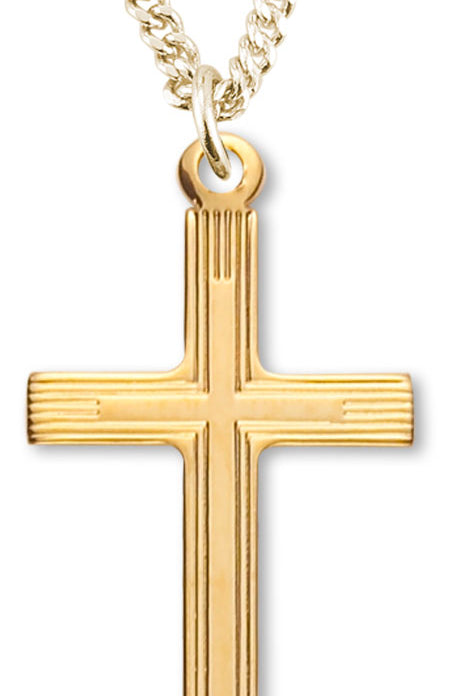 Women's 14kt Gold Plated Slim Line Stripe Etched Cross Necklace + 18 Inch Gold Plated Chain &amp; Clasp - Gold-tone
