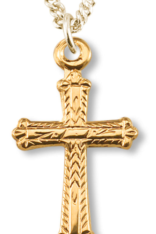 Girl's 14kt Gold Over Sterling Silver Leaf Tip Wave Pattern Cross Pendant + 16 Inch Gold Plated Chain &amp; Clasp - Gold-tone