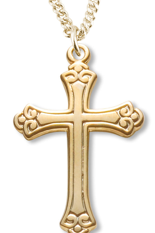 Women's 14kt Gold Plated Small Cross Pendant Fleur De Lis Tips + 18 Inch Gold Plated Chain &amp; Clasp - Gold-tone