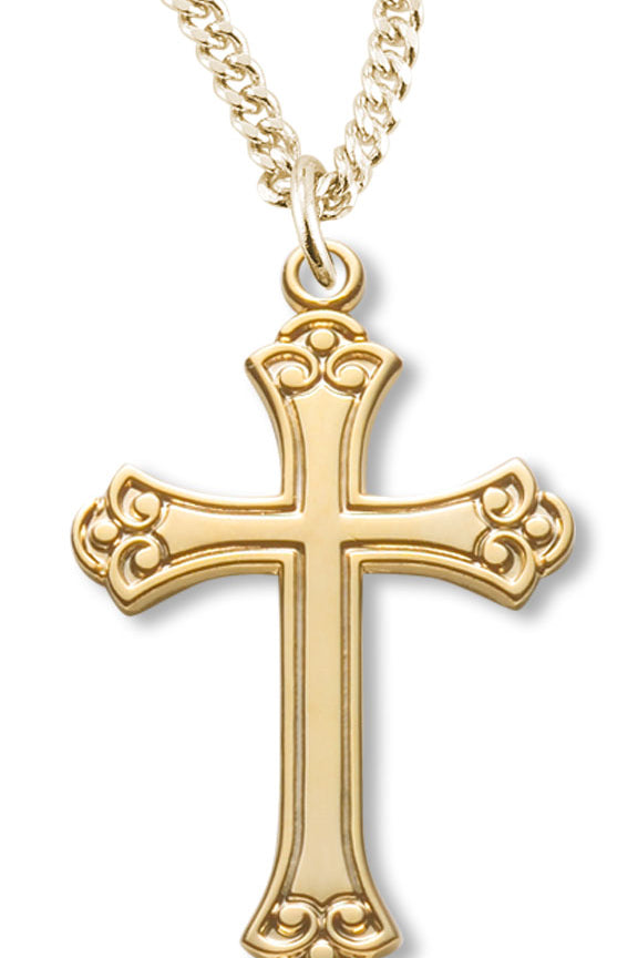 Women's 14kt Gold Over Sterling Silver Larger Fleur De Lis Tip Cross Pendant +18 Gold Plated Chain &amp; Clasp - Gold-tone