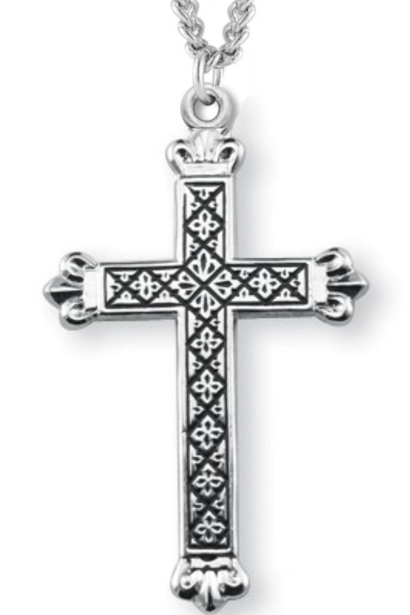 Cross Necklace Blackened Etched, Sterling Silver with Chain - 18&quot; 1.8mm Sterling Silver Chain + Clasp