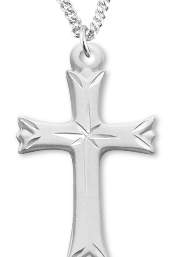Women's Sterling Silver Etched Cross Necklace with Chain Options - 18&quot; 1.8mm Sterling Silver Chain + Clasp