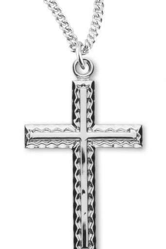 Women's Sterling Silver Etched Cross Necklace with Inlay with Chain Options - 18&quot; 1.8mm Sterling Silver Chain + Clasp