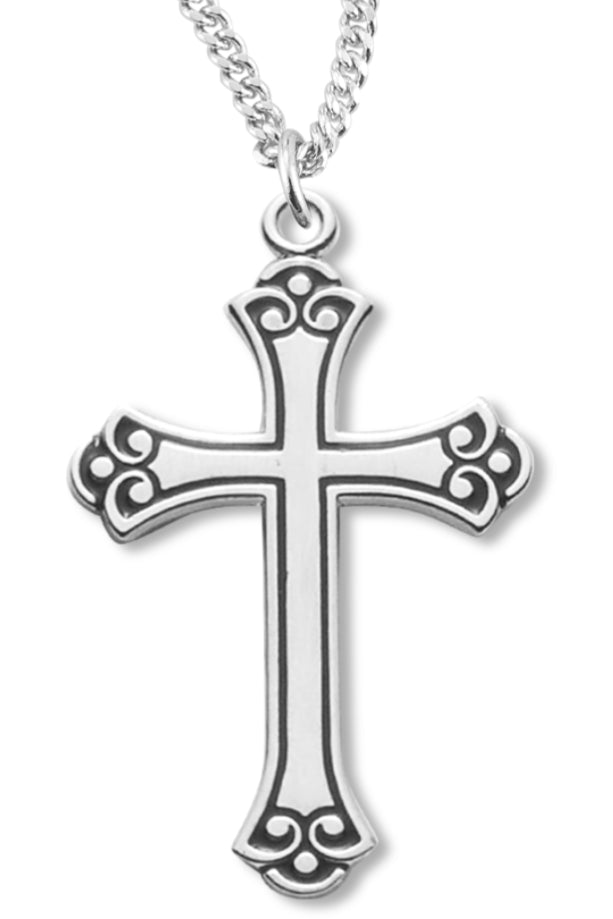 Cross Necklace Fancy Black Etched Enameled, Sterling Silver with Chain