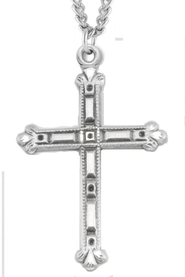 Cross Necklace Flare Tip, Sterling Silver with Chain - 20&quot; 2.2mm Stainless Steel Chain with Clasp