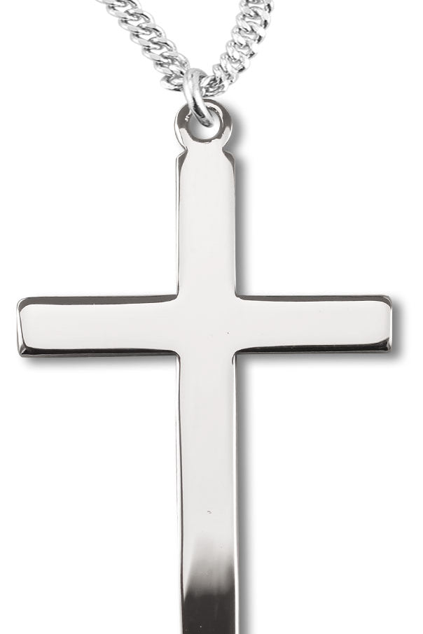 Women's or Boy's High Polish Cross Necklace Plain Sterling Silver with Chain - 20&quot; 2.2mm Stainless Steel Chain with Clasp